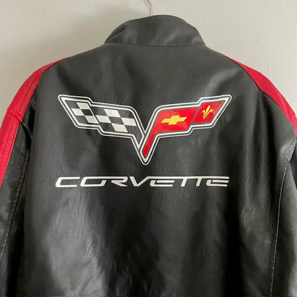 Corvette C7 Racing Jacket Black Red 2XL Faux Leather Moto Coat Streetwear Y2K